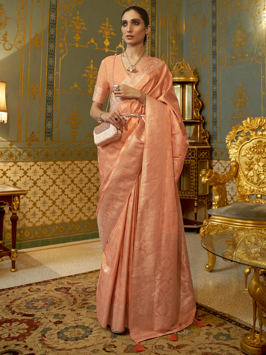 Women's Silk Blend Peach Woven Design Handloom Saree With Blouse Piece