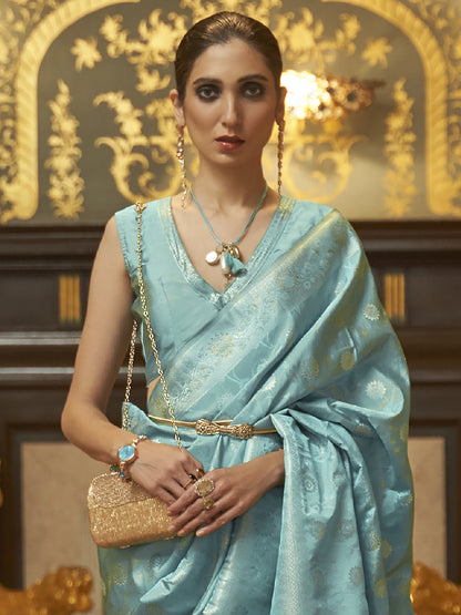 Women's Silk Blend Blue Woven Design Handloom Saree With Blouse Piece