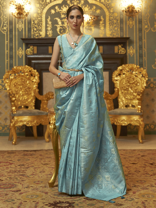 Women's Silk Blend Blue Woven Design Handloom Saree With Blouse Piece