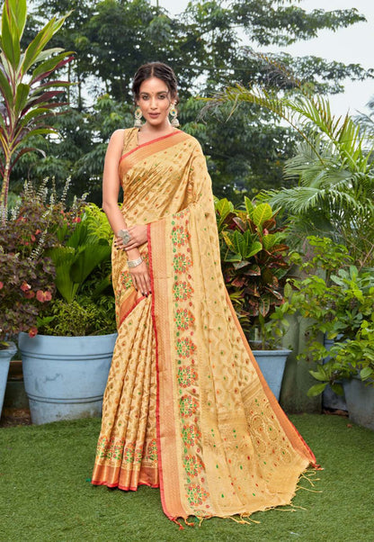 Dhiyona GR Women's Kanishka Gnocchi Beige Zari Woven Design Banarasi Organza Saree