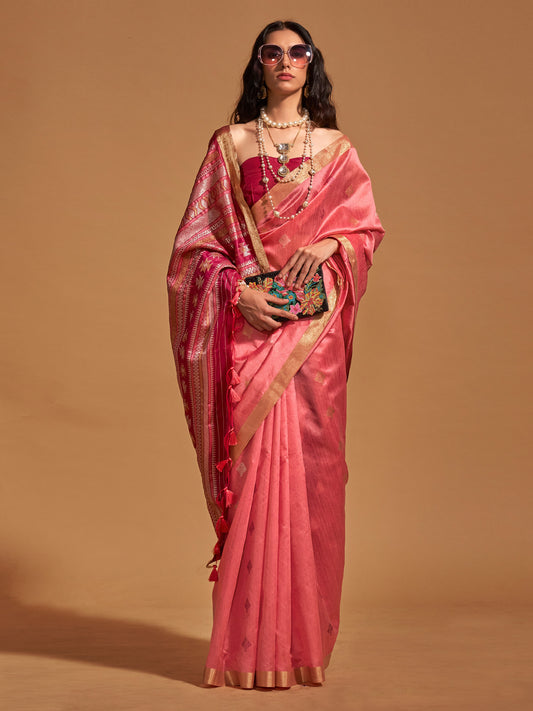 Women's Silk Blend Pink Woven Design Designer Saree With Blouse Piece