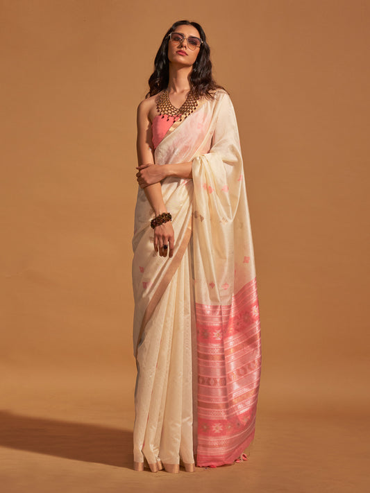 Women's Silk Blend Off White Woven Design Designer Saree With Blouse Piece