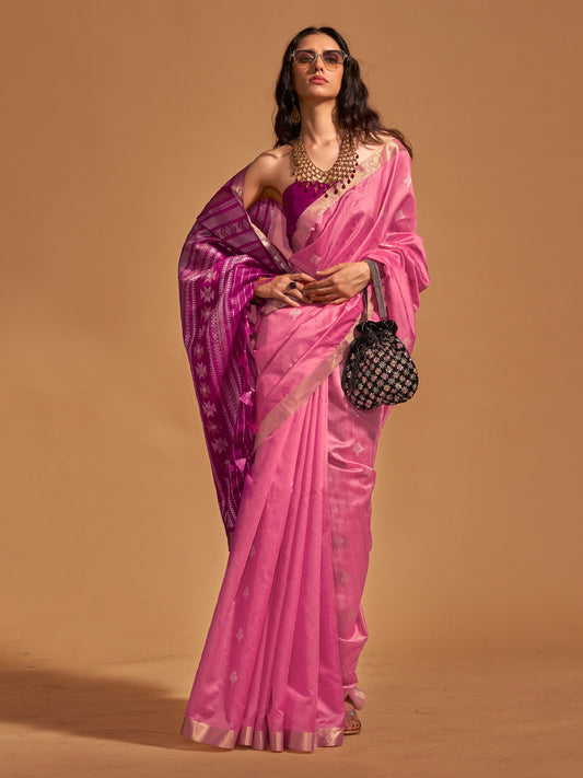 Women's Silk Blend Pink Woven Design Designer Saree With Blouse Piece