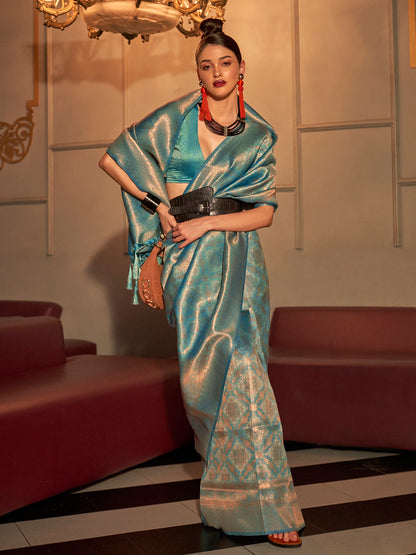 Women's Silk Blend Teal blue Woven Design Handloom Saree With Blouse Piece