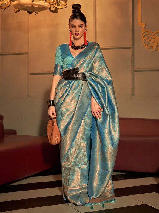 Women's Silk Blend Teal blue Woven Design Handloom Saree With Blouse Piece