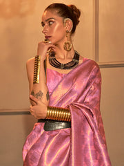 Women's Silk Blend Pink Woven Design Handloom Saree With Blouse Piece