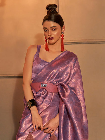 Women's Silk Blend Mauve Woven Design Handloom Saree With Blouse Piece
