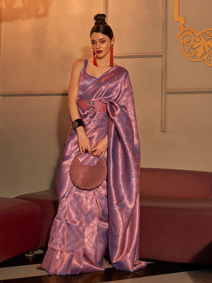 Women's Silk Blend Mauve Woven Design Handloom Saree With Blouse Piece