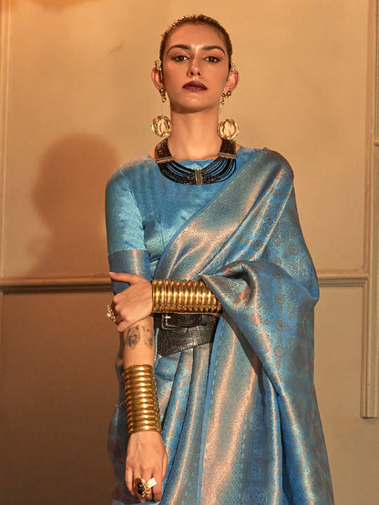 Women's Silk Blend Blue Woven Design Handloom Saree With Blouse Piece
