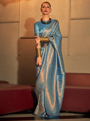 Women's Silk Blend Blue Woven Design Handloom Saree With Blouse Piece