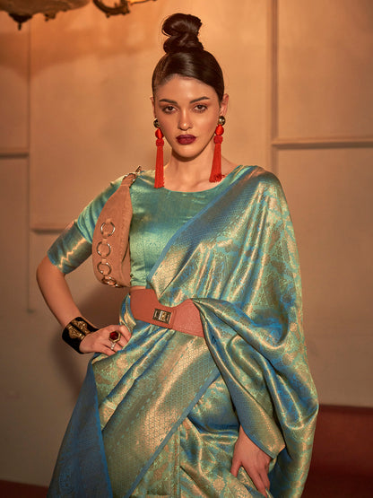 Women's Silk Blend Sea Green Woven Design Handloom Saree With Blouse Piece