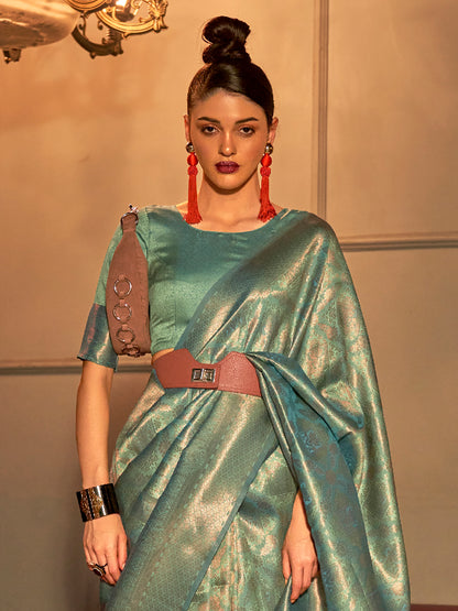 Women's Silk Blend Sea Green Woven Design Handloom Saree With Blouse Piece
