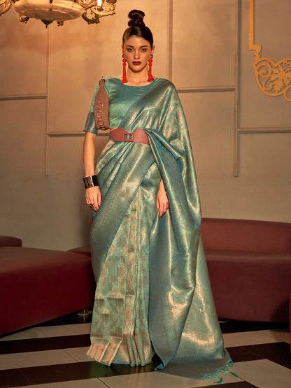 Women's Silk Blend Sea Green Woven Design Handloom Saree With Blouse Piece