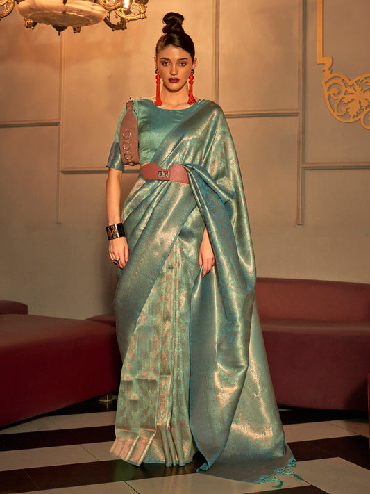 Women's Silk Blend Sea Green Woven Design Handloom Saree With Blouse Piece