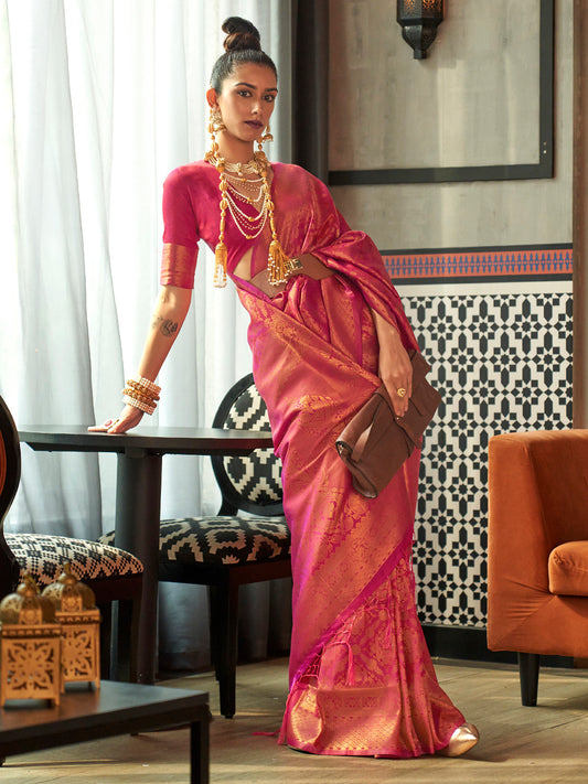 Women's Silk Blend Pink Woven Design Designer Saree With Blouse Piece