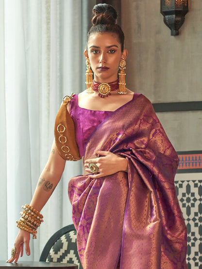 Women's Silk Blend Purple Woven Design Designer Saree With Blouse Piece