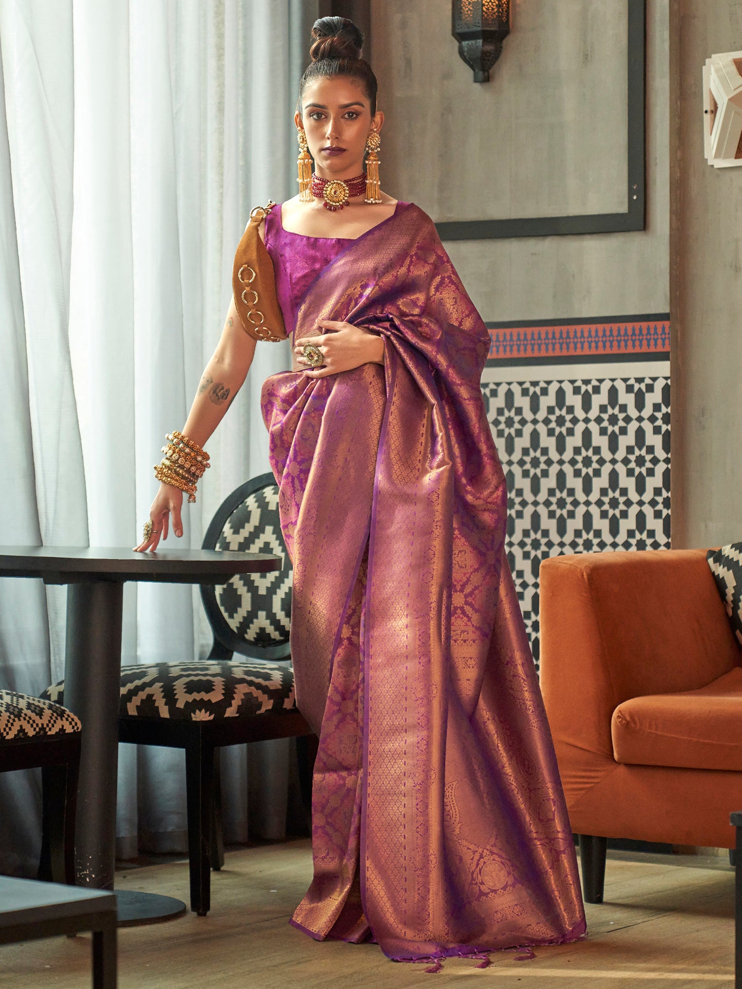 Women's Silk Blend Purple Woven Design Designer Saree With Blouse Piece
