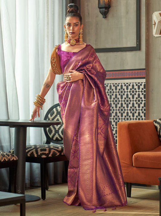 Women's Silk Blend Purple Woven Design Designer Saree With Blouse Piece