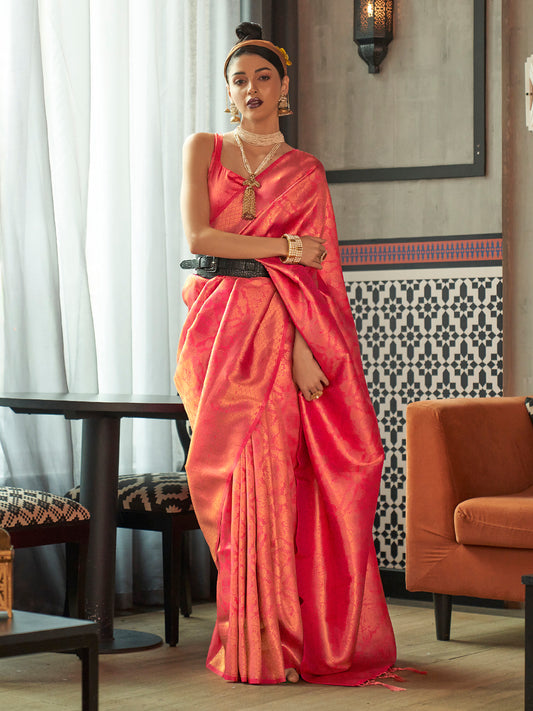 Women's Silk Blend Pink Woven Design Designer Saree With Blouse Piece