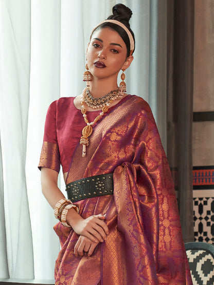 Women's Silk Blend Purple Woven Design Designer Saree With Blouse Piece