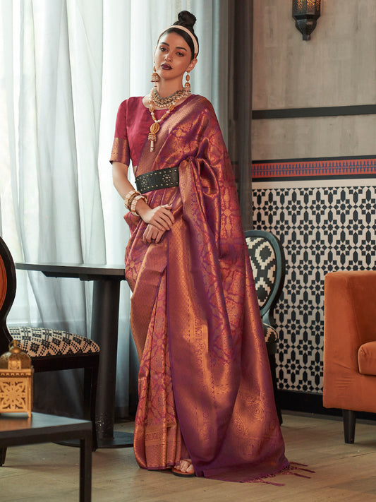 Women's Silk Blend Purple Woven Design Designer Saree With Blouse Piece