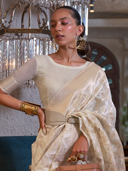 Women's Pure Linen Off White Woven Design Designer Saree With Blouse Piece