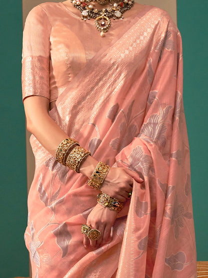 Women's Linen Peach Woven Design Designer Saree With Blouse Piece