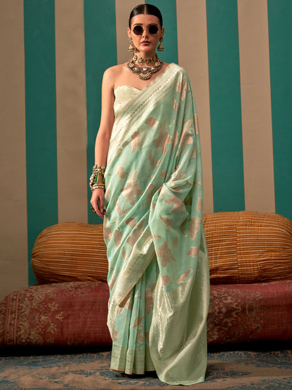 Women's Linen Sea Green Woven Design Designer Saree With Blouse Piece