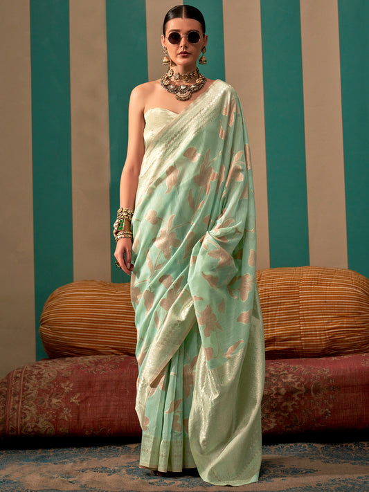 Women's Linen Sea Green Woven Design Designer Saree With Blouse Piece