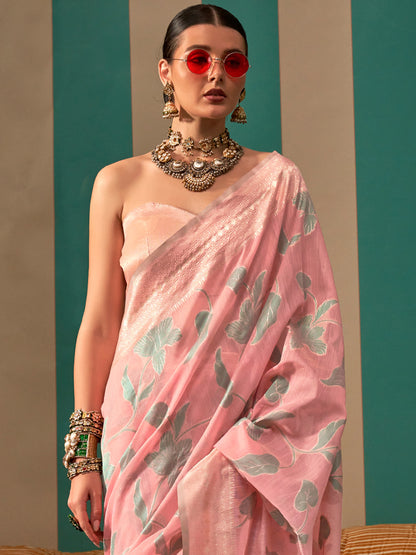 Women's Linen Pink Woven Design Designer Saree With Blouse Piece