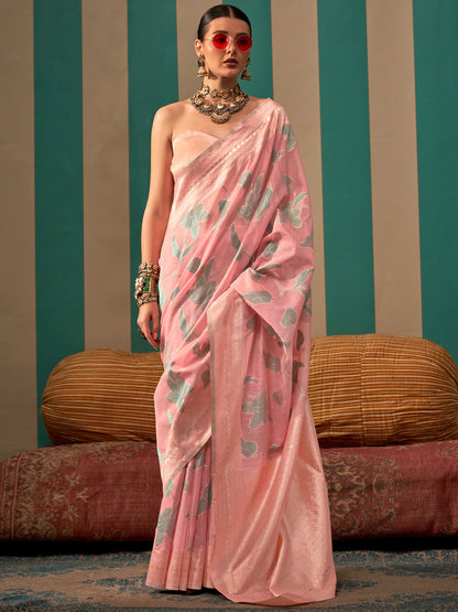 Women's Linen Pink Woven Design Designer Saree With Blouse Piece