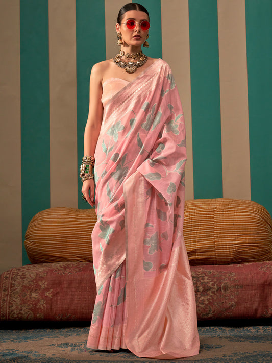 Women's Linen Pink Woven Design Designer Saree With Blouse Piece