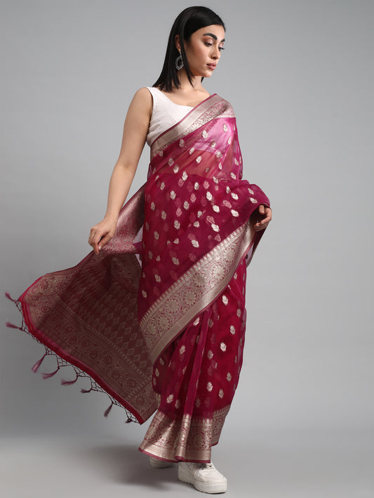 Women's Organza Purple Woven Design Celebrity Saree With Blouse Piece