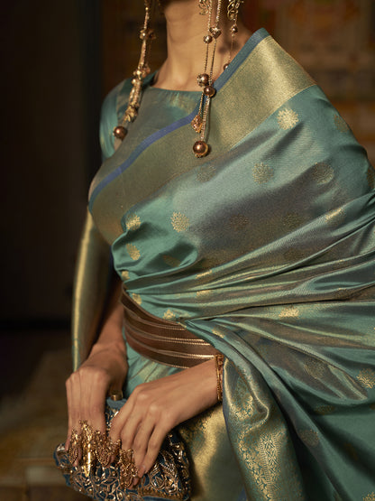 Women's Silk Blend Teal blue Woven Design Handloom Saree With Blouse Piece