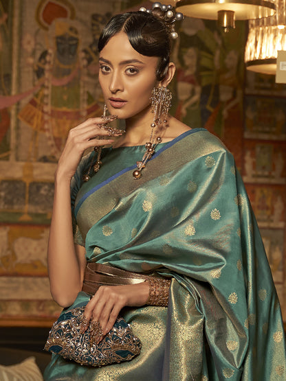 Women's Silk Blend Teal blue Woven Design Handloom Saree With Blouse Piece