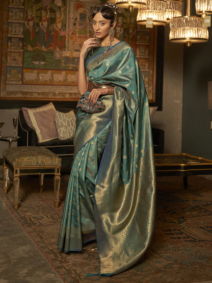 Women's Silk Blend Teal blue Woven Design Handloom Saree With Blouse Piece