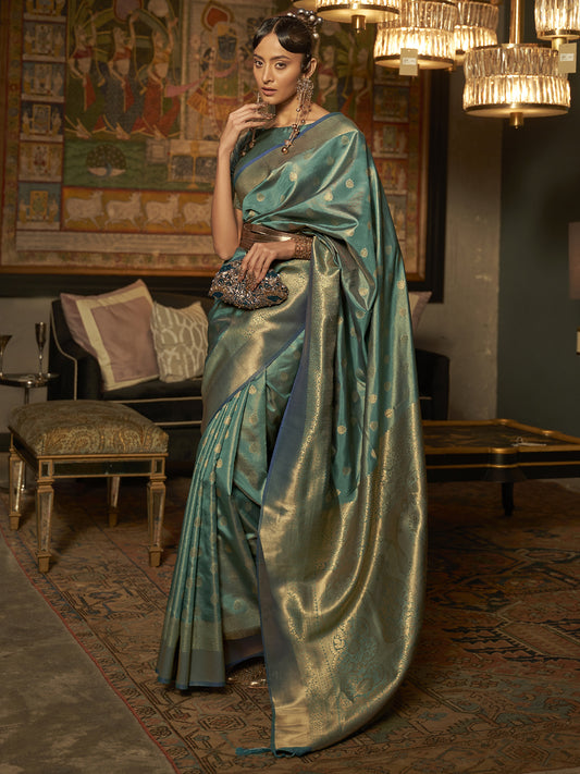 Women's Silk Blend Teal blue Woven Design Handloom Saree With Blouse Piece