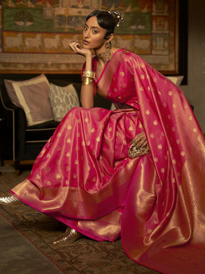 Women's Silk Blend Pink Woven Design Handloom Saree With Blouse Piece