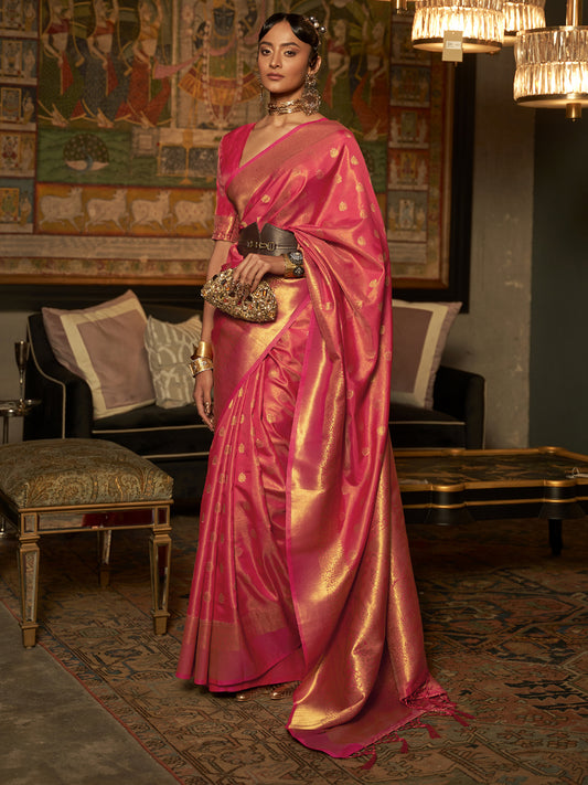 Women's Silk Blend Pink Woven Design Handloom Saree With Blouse Piece