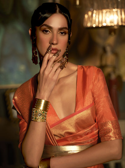Women's Silk Blend Peach Woven Design Handloom Saree With Blouse Piece