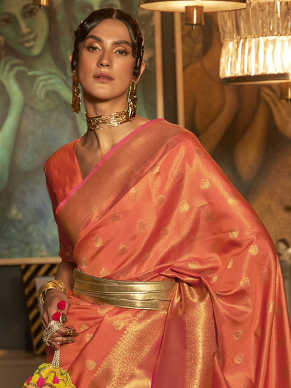 Women's Silk Blend Peach Woven Design Handloom Saree With Blouse Piece