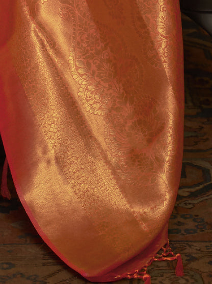 Women's Silk Blend Peach Woven Design Handloom Saree With Blouse Piece