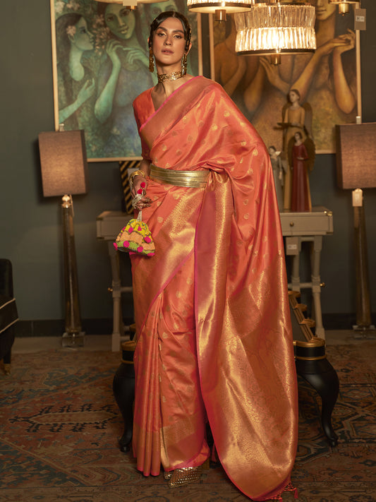 Women's Silk Blend Peach Woven Design Handloom Saree With Blouse Piece