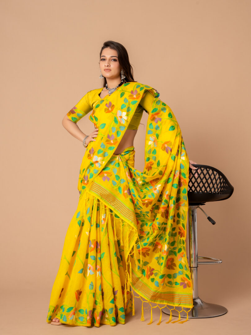 Dhiyona GR Women's Karvaah Blissful Yellow Cotton Jamdani Saree