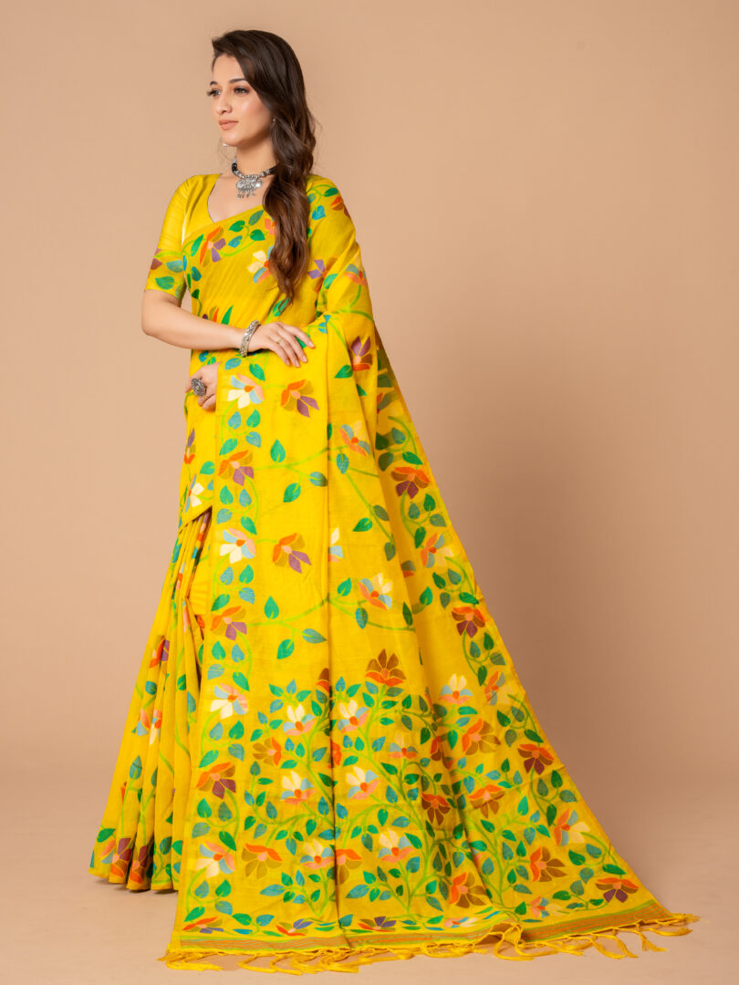 Dhiyona GR Women's Karvaah Blissful Yellow Cotton Jamdani Saree