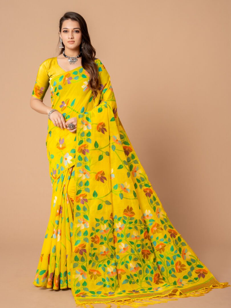 Dhiyona GR Women's Karvaah Blissful Yellow Cotton Jamdani Saree