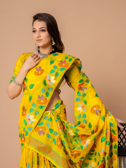 Dhiyona GR Women's Karvaah Blissful Yellow Cotton Jamdani Saree