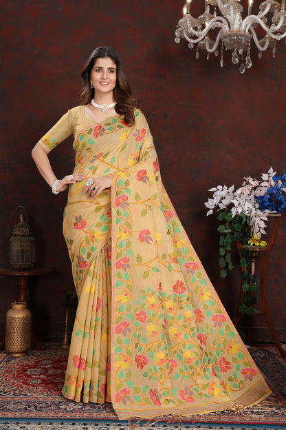 Dhiyona GR Women's Karvaah Beige Cotton Jamdani Saree