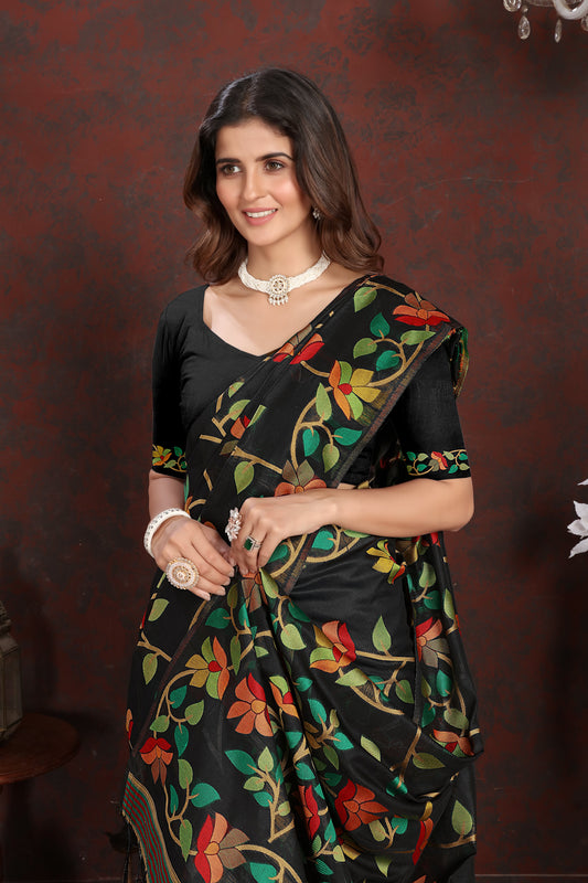 Dhiyona GR Women's Karvaah Impression Black Cotton Jamdani Saree