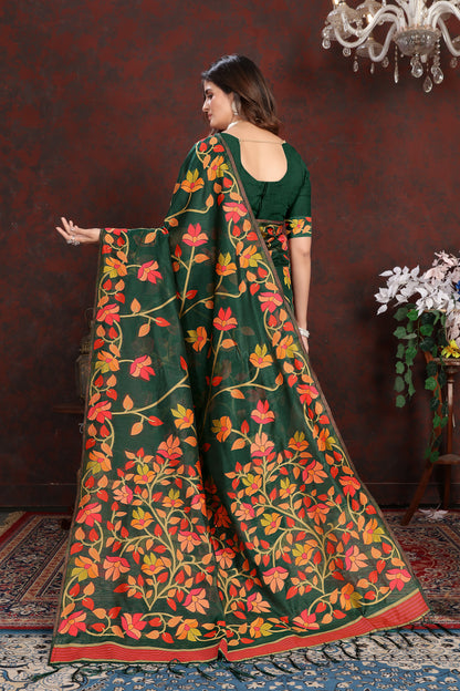 Dhiyona GR Women's Karvaah Cadmium Green Cotton Jamdani Saree